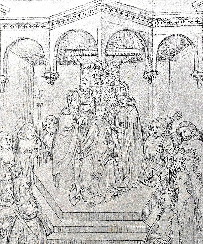 Coronación de Juana de Navarra como reina de Inglaterra el 25 de febrero de 1403, Pageants de Richard Beauchamp. Hacia 1439.