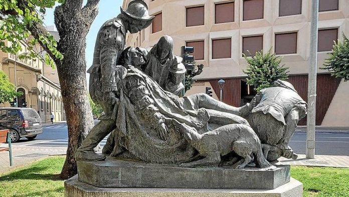 Monumento en Pamplona en honor a Iñigo López de Loiola, que recoge al soldado herido.