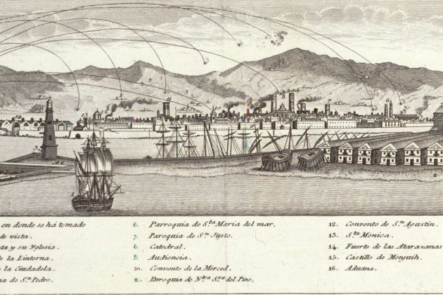 Grabado del Bombardeo de 1842 sobre Barcelona, obra de Domènec Estruch.