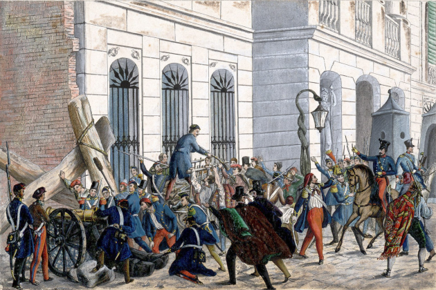 Representació del inicio de la revuelta (13 11 1842). Plaça Sant Jaume. Los milicianos se ponen al lado del pueblo. Fuente: Archivo Històric de Barcelona