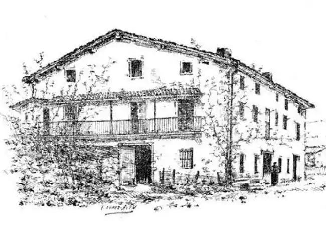 Dibujo del caserío Zozabarro de Ezkio-Itsaso, que era una venta y en el que falleció José María Iparraguirre en 1861.