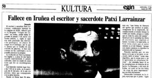 Página de 'Egin' en la que se informaba del fallecimiento de Patxi Larrainzar.