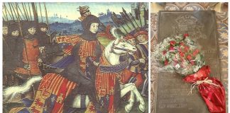 Supuesto retrato de Catalina I de Navarra. Foto: Internet. Flores rojas de Navarra sobre la tumba de Catalina en Lescar, en 2016.