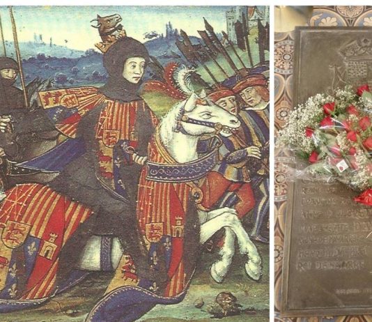 Supuesto retrato de Catalina I de Navarra. Foto: Internet. Flores rojas de Navarra sobre la tumba de Catalina en Lescar, en 2016.