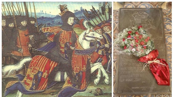 Supuesto retrato de Catalina I de Navarra. Foto: Internet. Flores rojas de Navarra sobre la tumba de Catalina en Lescar, en 2016.