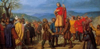 Cuadro del Palacio de Nafarroa que recrea la entronización del monarca navarro izándolo en el pavés.