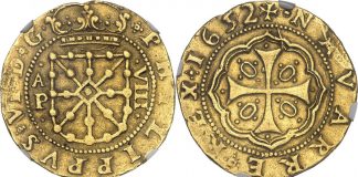 Pieza de oro de ocho escudos acuñada por Felipe IV de España y VI de Nafarroa en Iruñea en 1652.