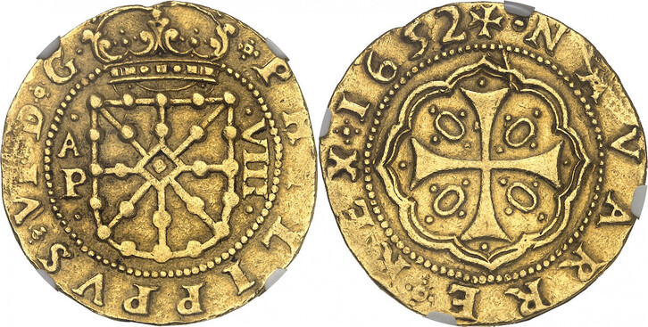 Pieza de oro de ocho escudos acuñada por Felipe IV de España y VI de Nafarroa en Iruñea en 1652. 