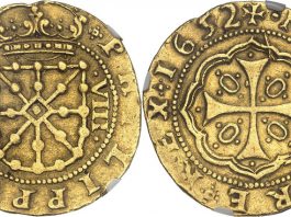 Pieza de oro de ocho escudos acuñada por Felipe IV de España y VI de Nafarroa en Iruñea en 1652.