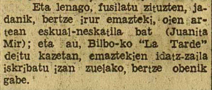 Recorte de prensa del diario ‘Euzkadi’ del 25-10-1938, donde se da cuenta del fusilamiento de Juanita.